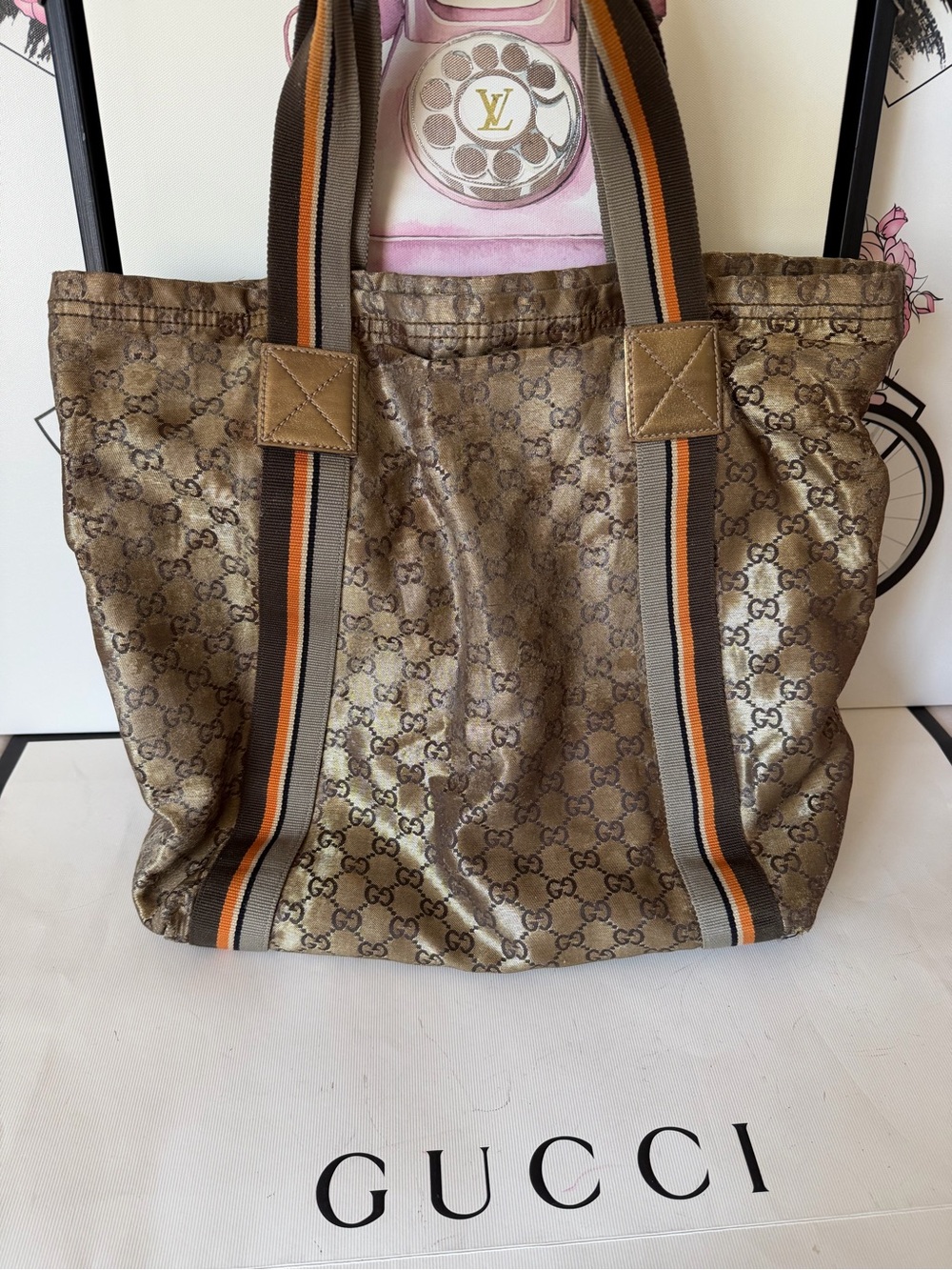 GUCCI Vintage Crystal Coated Canvas GG Logo Web Tote Bag - Picture 8 of 16